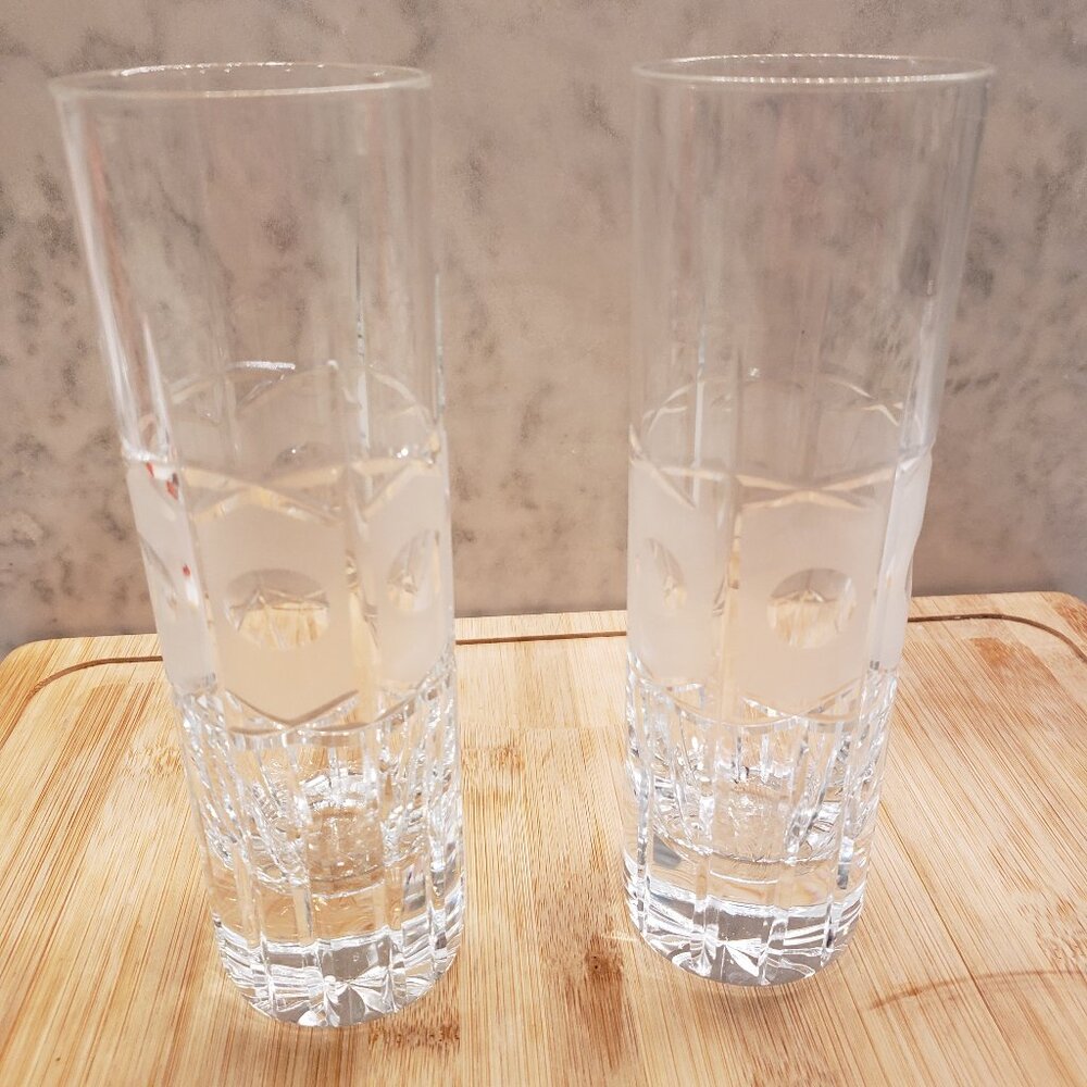 2 vintage tall skinny intricate glasses